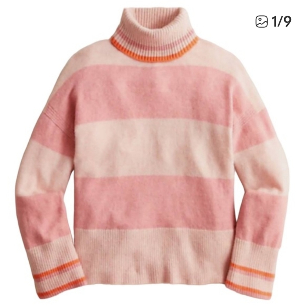 J. Crew Merino Wool and Alpaca Blend Turtleneck Sweater Pink Striped Size XS NWT